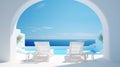 traditional mediterranean architecture under blue clear sky with sun beds on white terrace with arch