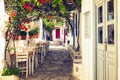 Traditional mediterranean colorful street on Amorgos island, Cyclades, Greece