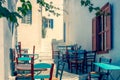 Traditional mediterranean colorful street on Amorgos island in dreamy tones, Greece