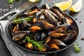 Traditional mediterranean grilled mussels on black plate delicious seafood dish