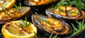 Traditional mediterranean grilled mussels on elegant black plate, exquisite seafood dish