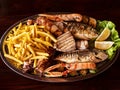 Traditional Mediterranean grilled seafood dish on the wooden background