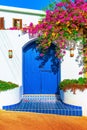 Traditional Mediterranean house with a stone fence and a large blue door decorated with flowering plants. Front view Royalty Free Stock Photo