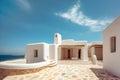 Traditional mediterranean white house on hill with stunning sea view. Summer vacation background. Created with generative Ai Royalty Free Stock Photo