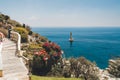 Traditional mediterranean white house with pool on hill with stunning sea view. Summer vacation background Royalty Free Stock Photo