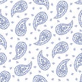 Traditional Medium Scale Blue Paisley Foulard Vector Seamless Pattern. Whimsical classic background.