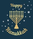 A traditional menorah for the festival of Jewish Chanukah. Greeting card. Gold icon on a dark background. Vector illustration. Use