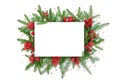 Traditional merry christmas frame with copy space in red colors. Christmas background with wreath and blank white paper sheet over