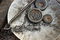 traditional metal scale weights and scale tray at a food market stall in Southeast Asia