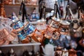 Traditional metal souvenirs at souvenir shop. Copper coffee mugs. Eastern authentic oriental cups. Grand Bazaar in