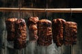 Traditional method of smoking meat in smoke. Smoked ham, bacon, pork neck and sausages in a smokehouse