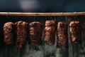 Traditional method of smoking meat in smoke. Smoked ham, bacon, pork neck and sausages in a smokehouse