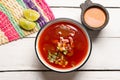 Mexican beef  birria consomme on white background Royalty Free Stock Photo