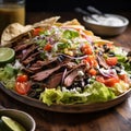 Traditional mexican beef salad with corn tortilla chips and salsa