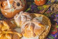 Traditional Mexican bread of the dead pan de muerto with coffe