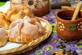 Traditional Mexican bread of the dead pan de muerto with coffe