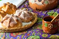 Traditional Mexican bread of the dead pan de muerto with coffe