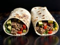 Traditional mexican burritos wraps with beef, avocado and tomato