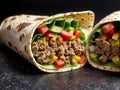 Traditional mexican burritos wraps with beef, avocado and tomato