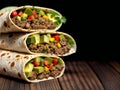 Traditional mexican burritos wraps with beef, avocado and tomato