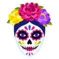 Traditional Mexican Catrina head skull. Dia de los muertos. Day of the Dead symbol with flowers.