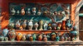 Traditional Mexican ceramics and pottery, including vibrant vases and bowls, set against a backdrop of a brightly Royalty Free Stock Photo