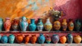 Traditional Mexican ceramics and pottery, including vibrant vases and bowls, set against a backdrop of a brightly Royalty Free Stock Photo