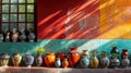 Traditional Mexican ceramics and pottery, including vibrant vases and bowls, set against a backdrop of a brightly Royalty Free Stock Photo