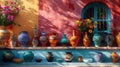 Traditional Mexican ceramics and pottery, including vibrant vases and bowls, set against a backdrop of a brightly Royalty Free Stock Photo