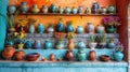 Traditional Mexican ceramics and pottery, including vibrant vases and bowls, set against a backdrop of a brightly Royalty Free Stock Photo