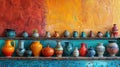 Traditional Mexican ceramics and pottery, including vibrant vases and bowls, set against a backdrop of a brightly Royalty Free Stock Photo