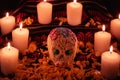 Mexican day of the dead altar with bread and sugar skulls on dark background Royalty Free Stock Photo