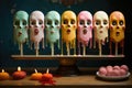 Traditional mexican dead day party, sugar skull or ice cream. Halloween background. Generative AI