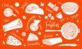 Traditional Mexican dishes wit titles. Taco, fajitas, pozole, tortilla, burrito, quesadilla, guacamole, nachos. Hand drawn vector