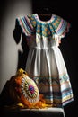 Traditional Mexican embroidery dress hanging on the wall.