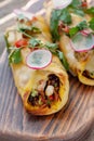 Traditional mexican enchiladas with chicken meat and spicy tomato Royalty Free Stock Photo