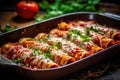 Traditional Mexican enchiladas on wooden table. Royalty Free Stock Photo