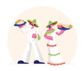 Traditional Mexican Food Concept. Man and Woman Wearing Sombrero and Latino Dress Holding Trays with Taco Royalty Free Stock Photo