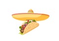 Traditional Mexican Food - Taco. Cartoon banner taco and sombrero. Vector illustration