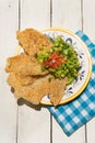 Mexican guacamole with pork chicharron on white background