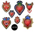 Traditional Mexican hearts with fire and flowers, embroidered sequins, beads and pearls. Vector patches.