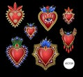 Traditional Mexican hearts with fire and flowers, embroidered sequins, beads and pearls. Vector patches.