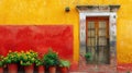 Traditional Mexican house with yellow and red walls and potted marigold flowers Royalty Free Stock Photo