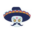 traditional mexican mariachi skull with hat and mustache character