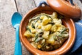 Mexican poblano rajas with potatoes and sour cream in clay cazuela Royalty Free Stock Photo