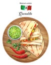 Mexican quesadilla with chicken, corn and sweet pepper watercolor