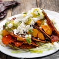 Mexican red enchiladas with potato and pork chorizo also called Potosinas on wooden background Royalty Free Stock Photo