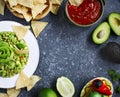Traditional mexican sauces guacamole and salsa with fresh ingredients