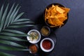 Traditional mexican snack nachos in a black plate with different sauces and spicy spices on a palm branch background. Black Royalty Free Stock Photo