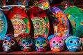 Traditional Mexican souvenirs. Multi-colored ceramic skulls and tableware in the gift shop. Symbol of the day of the dead.